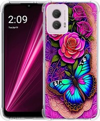 Case for Moto G Power 5G 2024, Blue Butterfly Flowers Rose Shockproof Protective