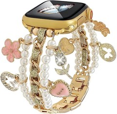 Stylish Pearl Beaded Band Compatible with Apple Watch 38-49mm Women, Metal Chain