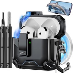 Black AirPods 4 Case with Magnetic Lock, Phone Stand, and Cleaning Kit Included