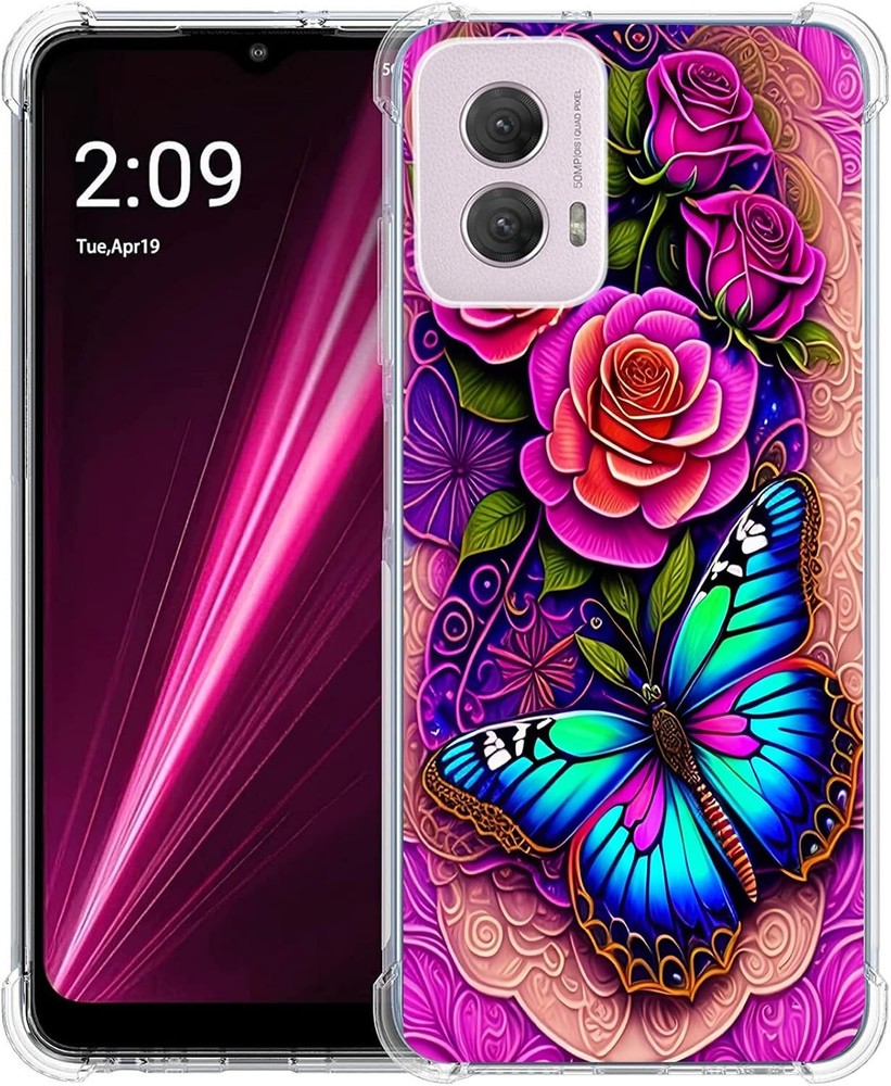 Case for Moto G Power 5G 2024, Blue Butterfly Flowers Rose Drop Protection Cover