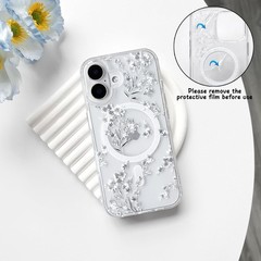 iPhone 17 Case Cute Clear Magnetic Floral Leaves Hard PC Back Shockproof Cover –