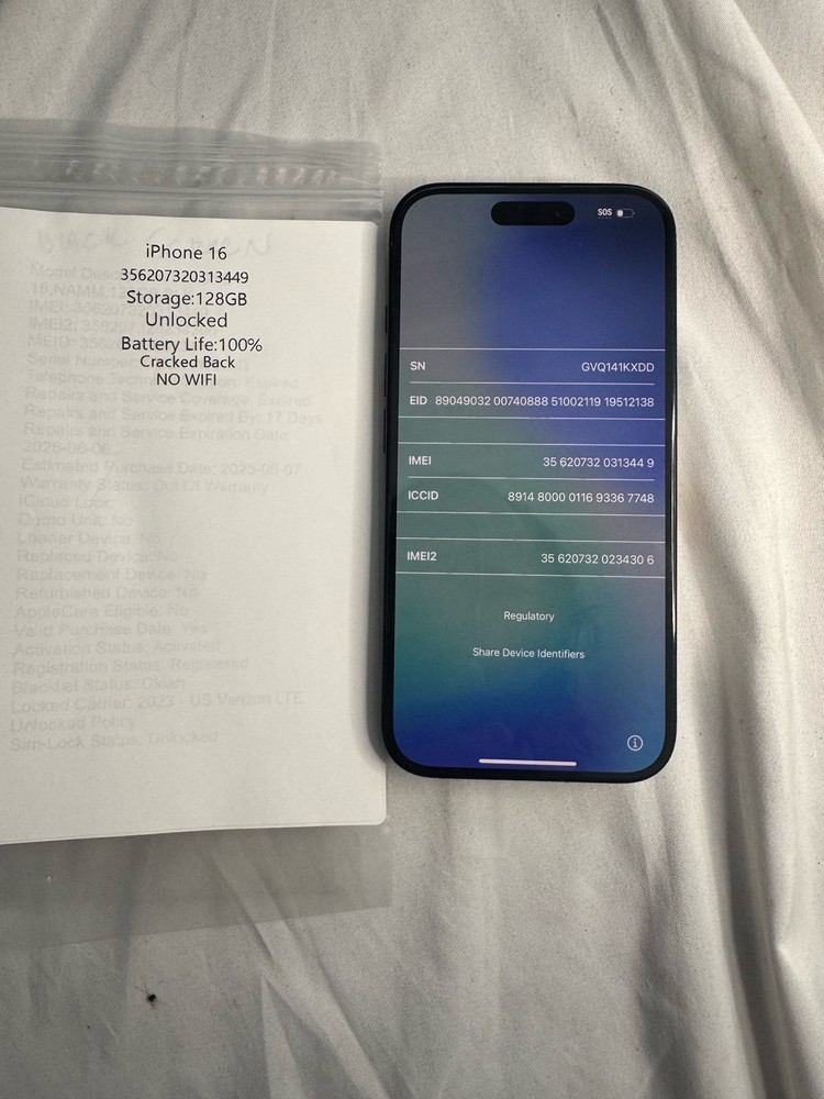 iPhone 16 128gb Unlocked, Cracked Back Glass, No WIFI, Bad Face ID READ