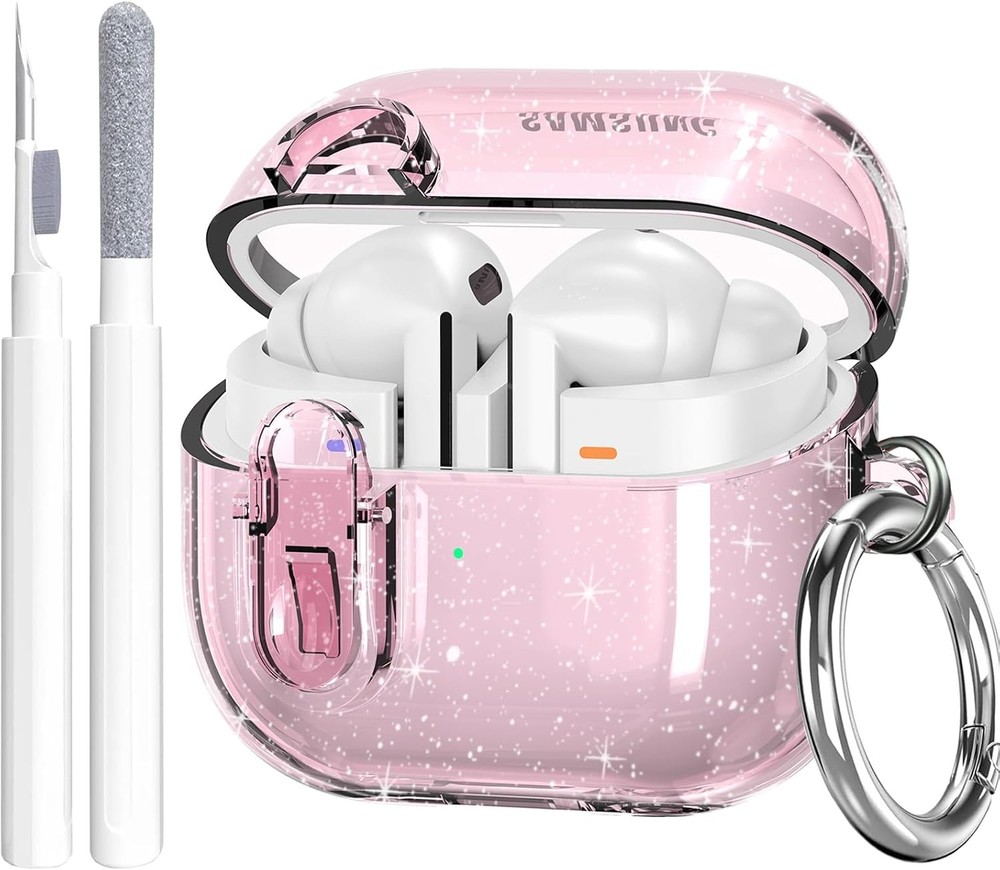 Samsung Galaxy Bud 3 Pro Case Clear Lock Clip with Cleaner Kit, Glitter Pink