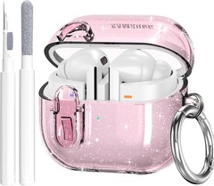 Samsung Galaxy Bud 3 Pro Case Clear Lock Clip with Cleaner Kit, Glitter Pink