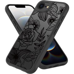 Cute Flower Phone Case for iPhone 16e, Black Line Art Floral Shockproof Cover