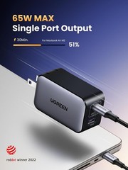 65W GaN USB C Wall Charger, 3-Port Compact Foldable Fast Charger Power Adapter