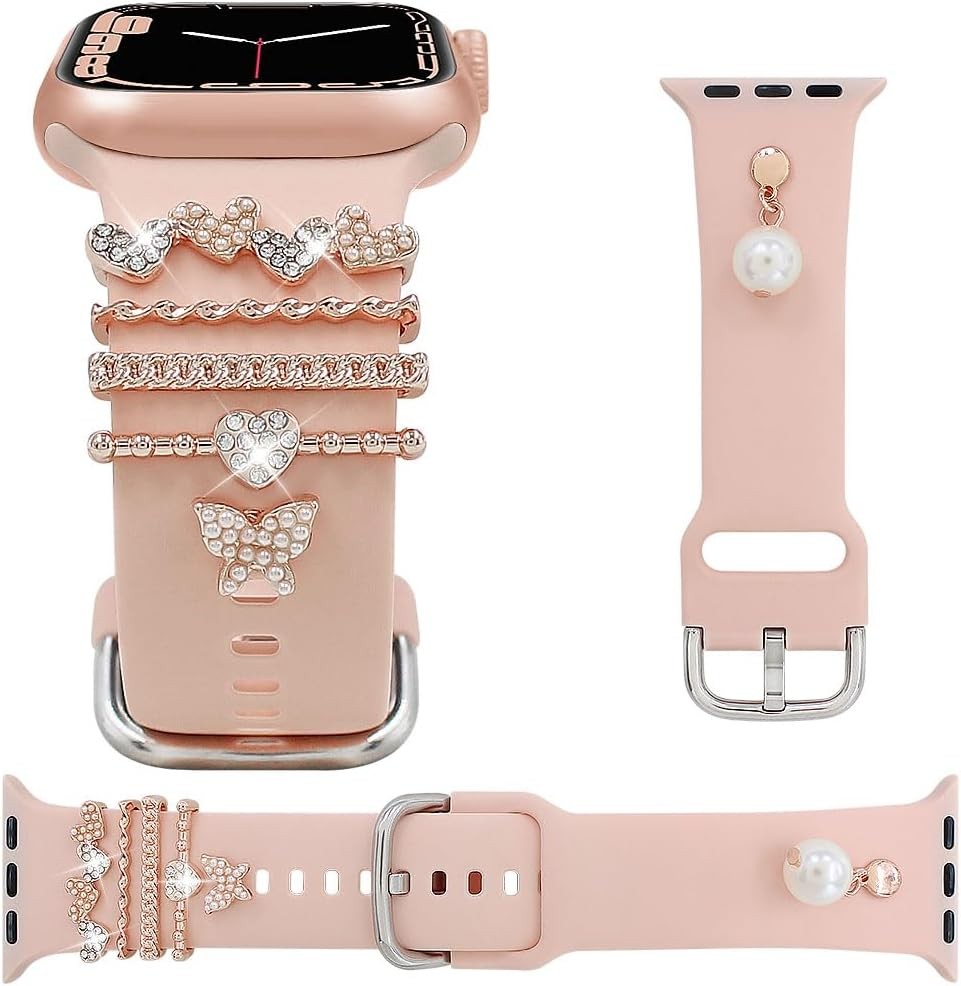 Stylish Silicone Band Compatible with Apple Watch 38mm to 49mm, Unique Charms