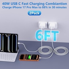 2 Pack 20W USB-C Fast Charger Block for iPhone 17/16 6ft Cable