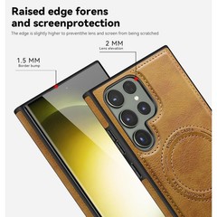 Leather Rugged Phone Case for Samsung Galaxy S24 Ultra with Magnetic Stand, Brow