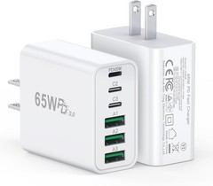65W USB C Charger Block 2-Pack, Fast Charging Brick with 6 Ports QC PD 3.0
