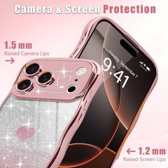 iPhone 17 Pro Case for Women Girls Cute Curly Wavy Love Heart Glitter Bling