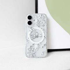 iPhone 17 Case Cute Clear Magnetic Floral Leaves Hard PC Back Shockproof Cover –
