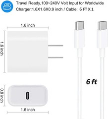 6Ft USB C Wall Charger Adapter for iPad Pro 12.9/11, iPhone 15/16/17 Fast Charge