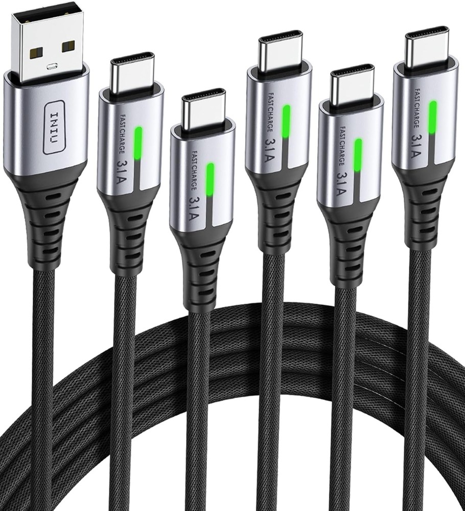 5 Pack 3.1A Type-C Fast Charger Cables for iPhone 16, Samsung S21 1.6FT+3.3FT+6.
