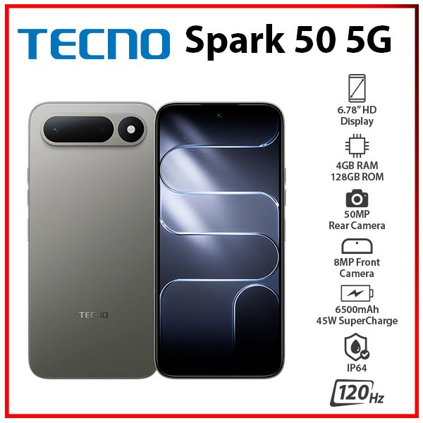 (New) TECNO Spark 50 5G 4GB+128GB GREY Dual SIM Unlocked Android Cell Phone