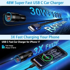 Fast USB-C Car Charger 48W for Samsung Galaxy S26 Ultra with 6FT Cable