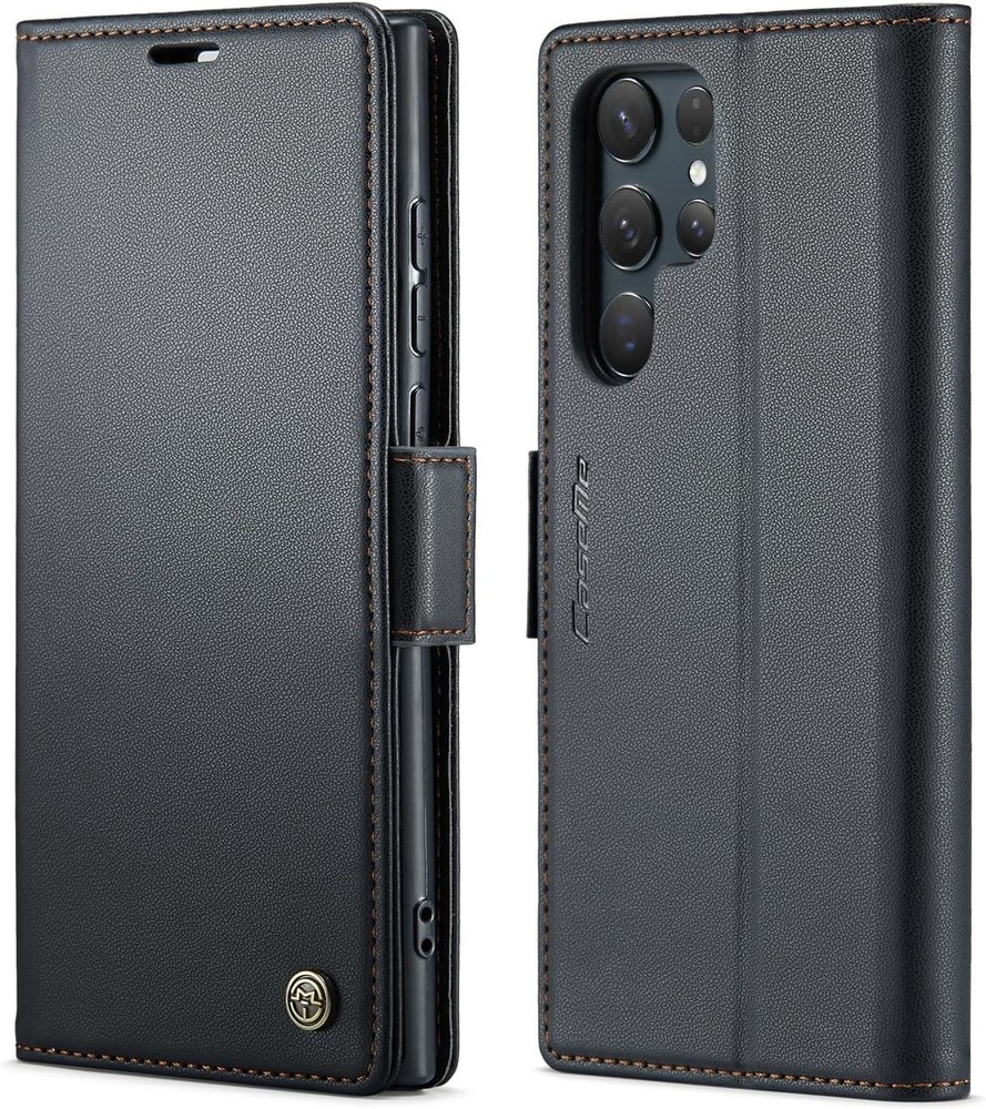 Wallet Case for Galaxy S24 Ultra Black with RFID Blocking Magnetic Clasp & Kicks
