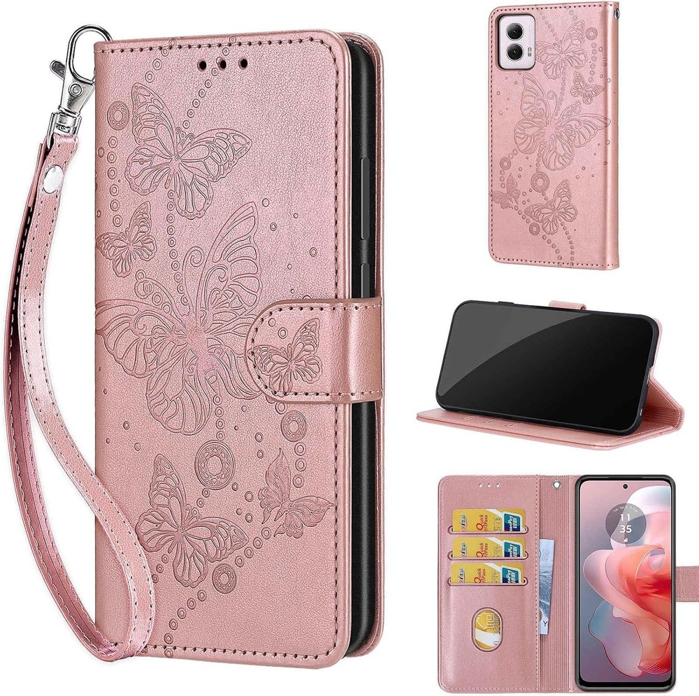 Wallet Case for Motorola Moto G Power 5G 2024, Rose Gold Butterfly Flip Folio
