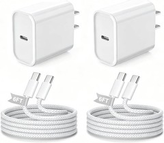 2 Pack 20W USB-C Fast Charger Adapter for iPhone 17 Pro Max/16 Pro 6FT
