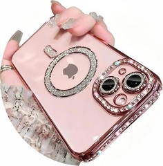 Pink iPhone 16 Case with Magnetic Glitter Diamond, Rhinestone Lens Protector, Sl
