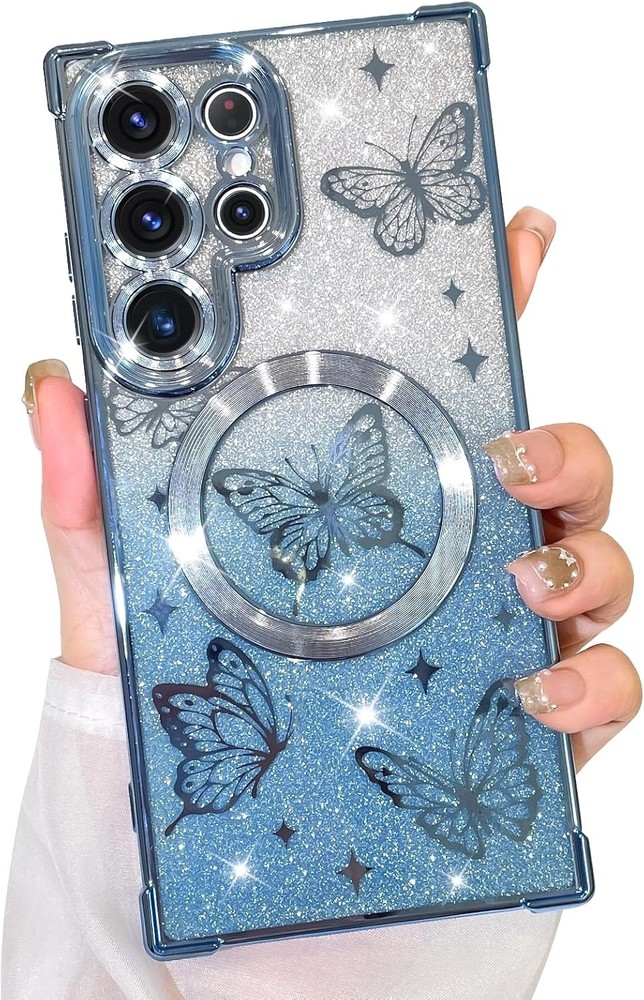 Magnetic Case for Samsung Galaxy S26 Ultra Cute Blue Butterfly Pattern Glitter P