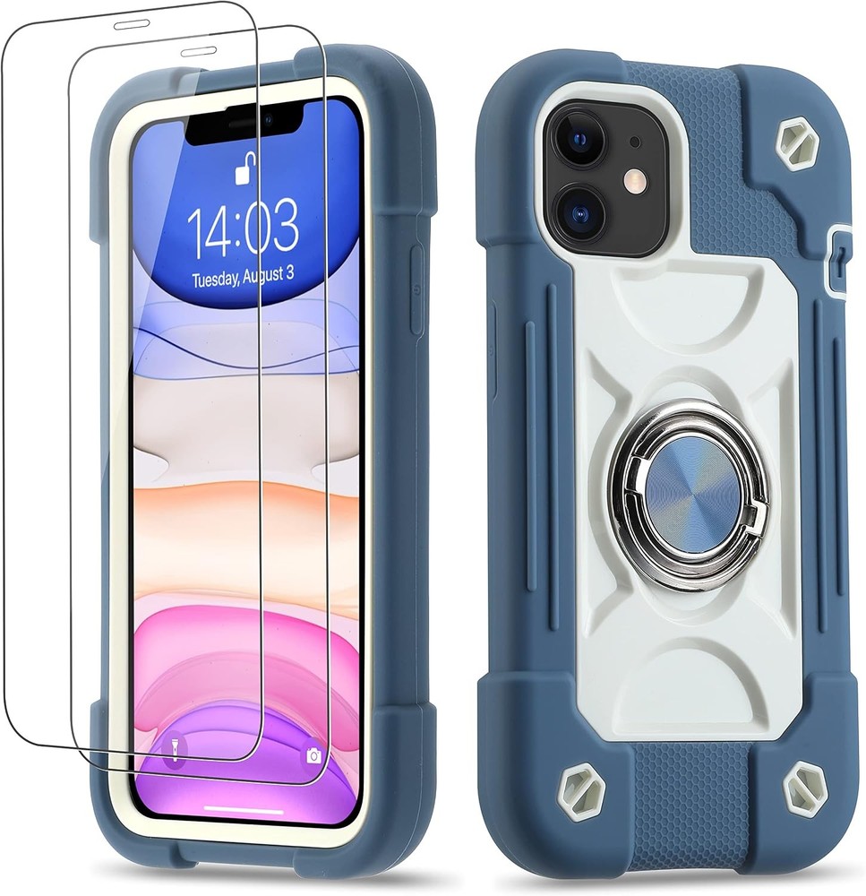iPhone 11 Case 6.1 Inch with Ring Stand and 2 Pack Glass Screen Protector