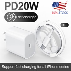 20W PD Wall Adapter Fast Power Charger USB-C 3ft Cable for iphone 14 13 12 11 10