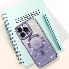 iPhone 14 Pro Max Case Support for Plating Heart Glitter Magnetic Case, Purple