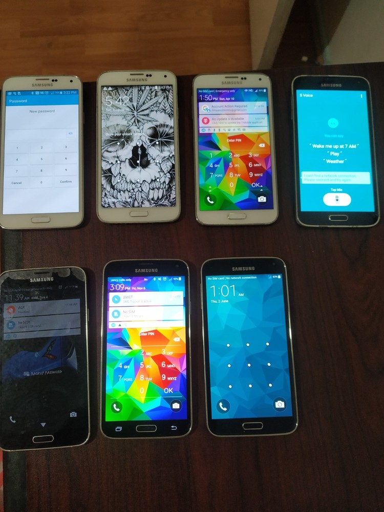 Lot of 7 Samsung Galaxy S5 SM-G900T and SM-G900V 16GB For parts