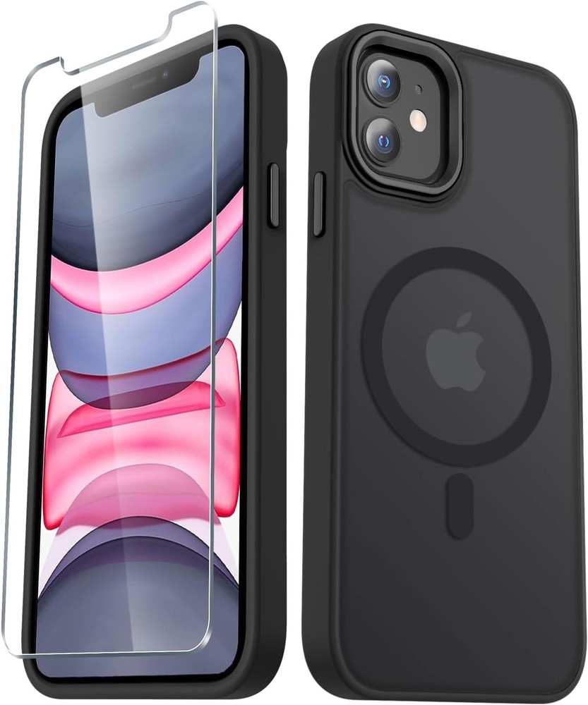Black Matte Magnetic Phone Case for iPhone 11 with 1 Screen Protector, Slim Fit