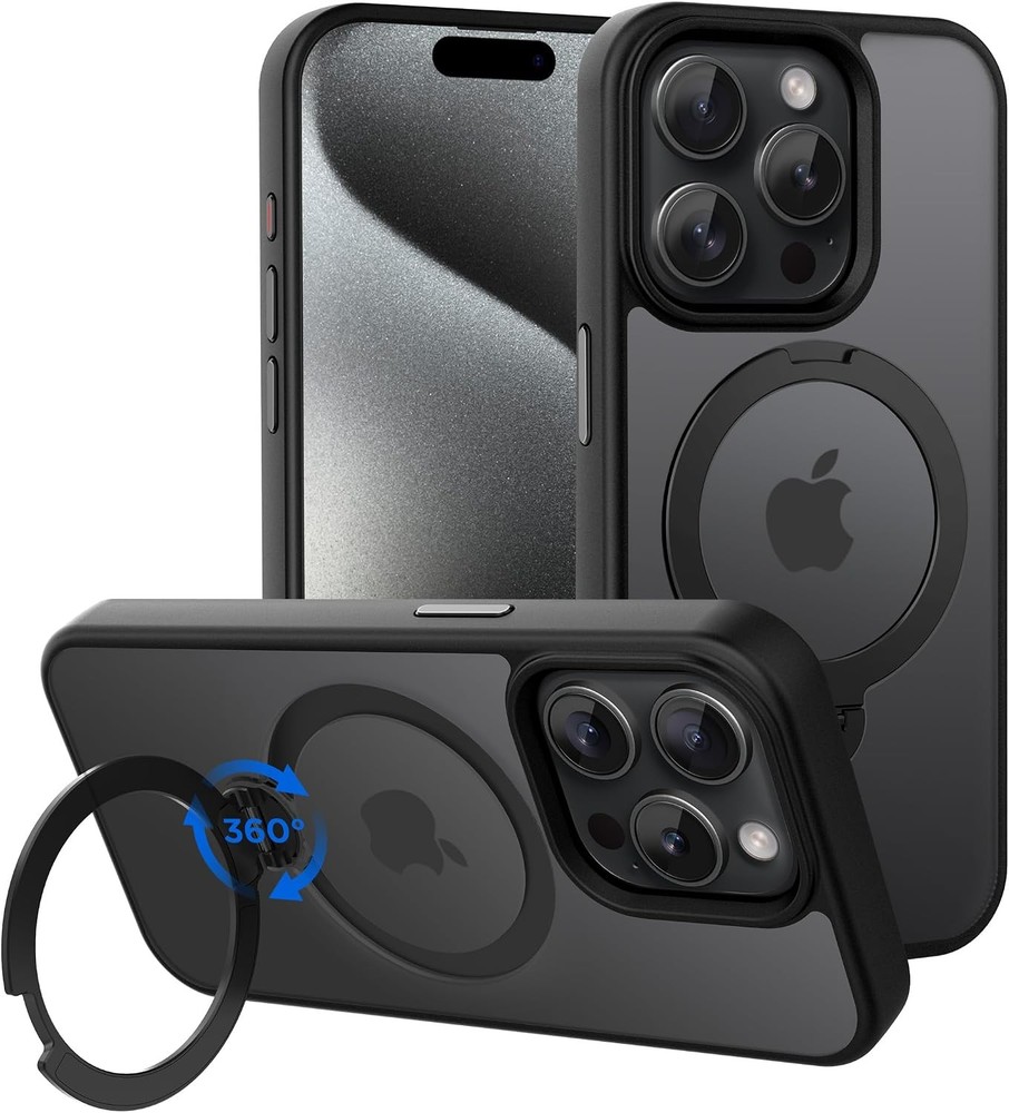 Matte Black Magnetic Case for iPhone 15 Pro 6.1″ with 360° Rotating Ring Stand