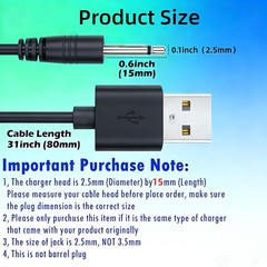 2 Pack 2.5mm Massager Charger, DC Charger Replacement Cable, 2.65ft USB-A & USB-