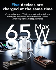 65W MacBook Pro Charger, 5-in-1 Retractable Wall Plug for iPhone 17, Fast Chargi