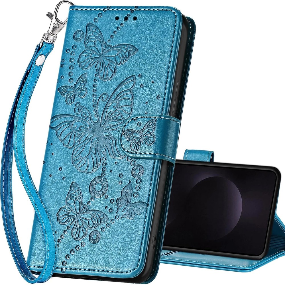 Wallet Case for Samsung Galaxy S25 FE 5G, Blue Butterfly | Kickstand, 3 Card Slo