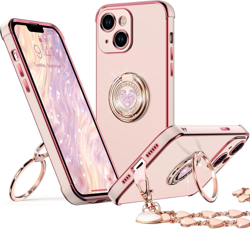 iPhone 14 Plus Case with Stand, Double Ring Kickstand, Bling Luxury Cover, Pink