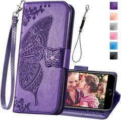 Wallet Case for iPhone SE 2020/SE 2022/iPhone 8/iPhone 7, Butterfly Embossed Pur