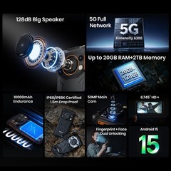 Unlocked FOSSiBOT F110 PRO 5G Rugged Phone Android 15 Bid Speaker Waterproof GPS