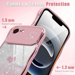 Cute Rose Gold iPhone 16e & 17e Case for Women, Glitter Heart Frame, Shockproof