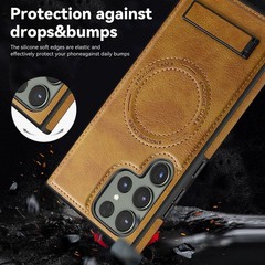 Leather Rugged Phone Case for Samsung Galaxy S24 Ultra with Magnetic Stand, Brow