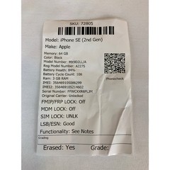 iPhone SE (2nd Gen.), A2275, 64GB, Black