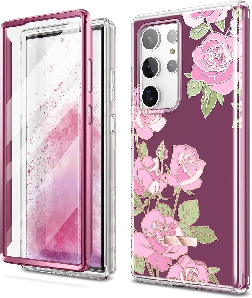 Samsung Galaxy S23 Ultra Case with Built-in Screen Protector, Pink Rose Bumper C