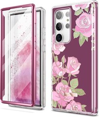 Samsung Galaxy S23 Ultra Case with Built-in Screen Protector, Pink Rose Bumper C