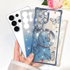 Magnetic Case for Samsung Galaxy S26 Ultra Cute Blue Butterfly Pattern Glitter P