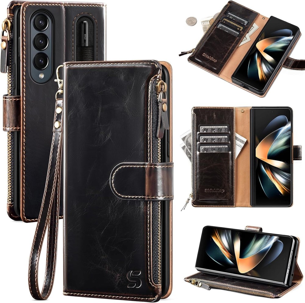 Samsung Galaxy Z Fold 4 Case Wallet Leather Card Slots Defender Cover Brown