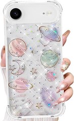 iPhone 17 Air Clear Glitter Case, Cute Girly Bling Sparkle Planet Space Stars Mo