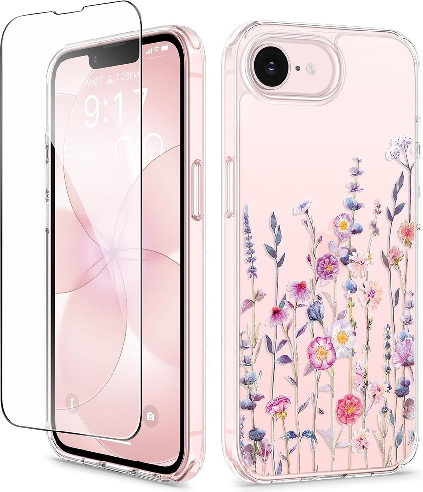 iPhone 17e Case & iPhone 16e Case with Screen Protector, Floral Shockproof Clear