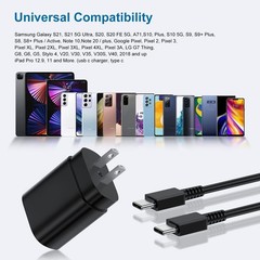 25W Fast USB-C Wall Charger Duo for Samsung Galaxy S20/S25 + 6ft Cable