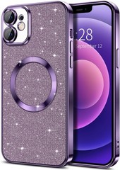 Deep Purple iPhone 12 Case with Glitter, Magnetic Clear Cover & Camera Lens Prot