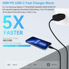 25W USB-C Fast Charger Block for Samsung Galaxy A37 A57 S26 Ultra 6FT