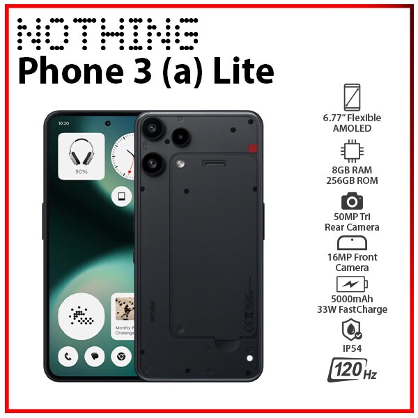 Nothing Phone 3(a) Lite BLACK 8GB+256GB Dual SIM Unlocked Android Cell Phone